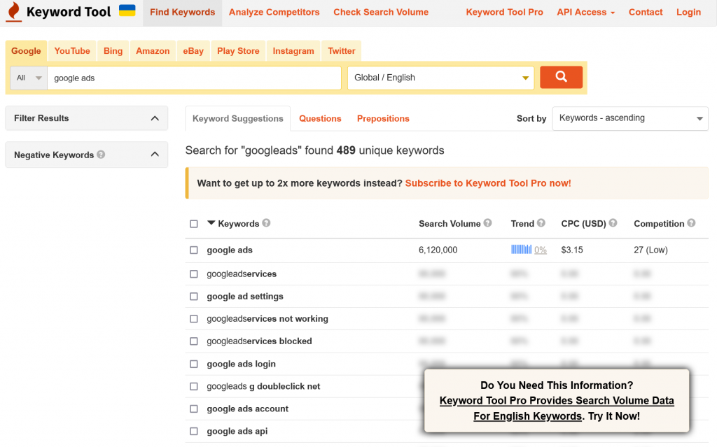 Keywordtool.io keyword research tool.