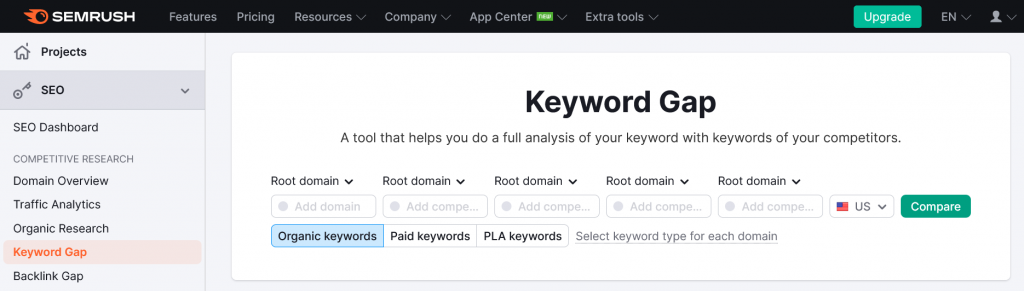 SEMRush keyword research gap analysis